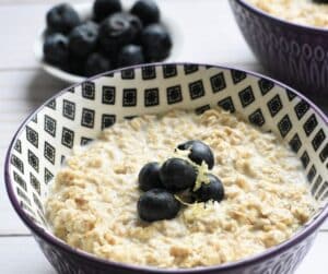 Honey Tahini Oatmeal with blueberries in a bowl