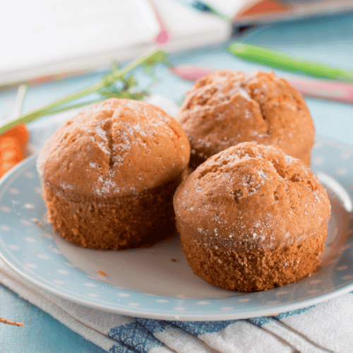 3 Healthyish Carrot-Tahini Muffins on a plate