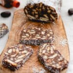 Chocolate Salami sliced on a board