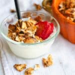 Matzo granola in a yogurt bowl with strawberries