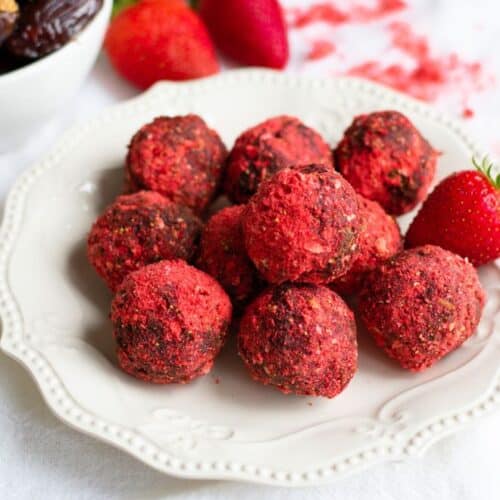 No-Bake Date Strawberry Energy Balls on a white plate
