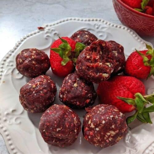 No-Bake Date Strawberry Energy Balls on white plate