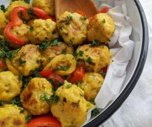 Chicken Meatballs in Lemony Sauce in a white bowl