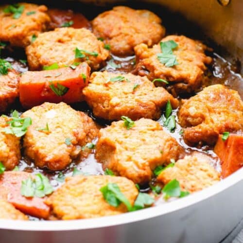 Healthy Chicken Meatballs in a pot with sweet potato