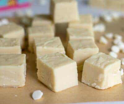 pieces of White Chocolate Fudge on a white paper