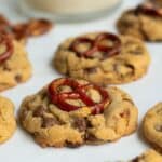 Tahini Pretzel Chocolate Chip Cookies on a white paper