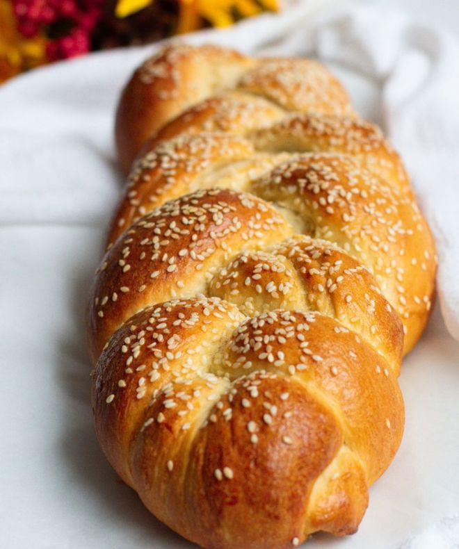 Challah on a white tablecloth