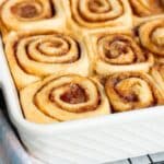 Challah Cinnamon Rolls In a white baking dish without frosting