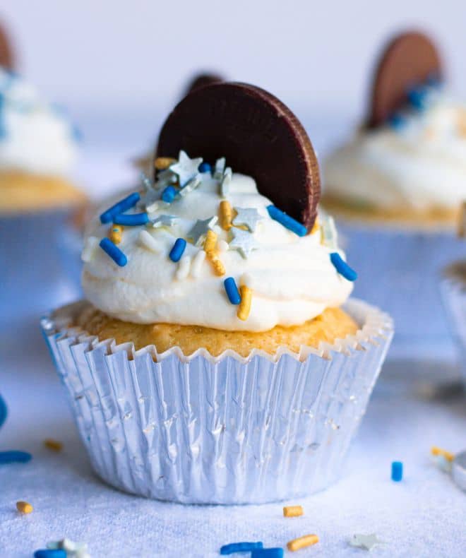 Hanukkah Cupcakes in a silver cup with whipped