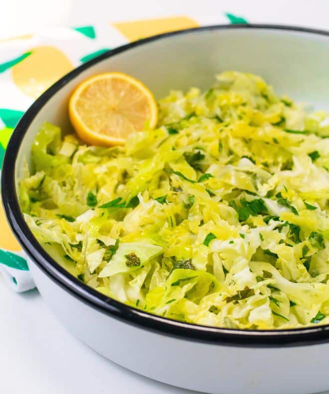 Israeli White Cabbage Salad in a white bowl