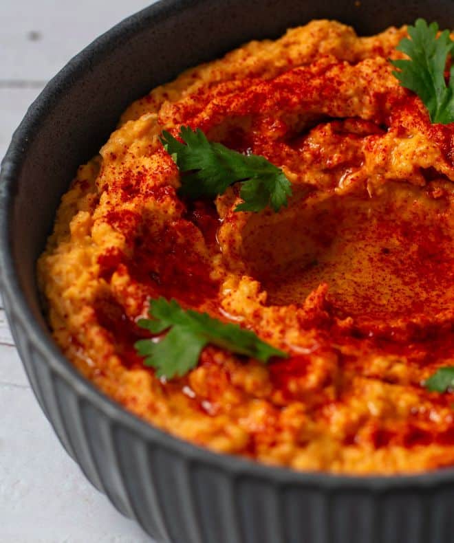 Sweet Potato Hummus in a gray bowl