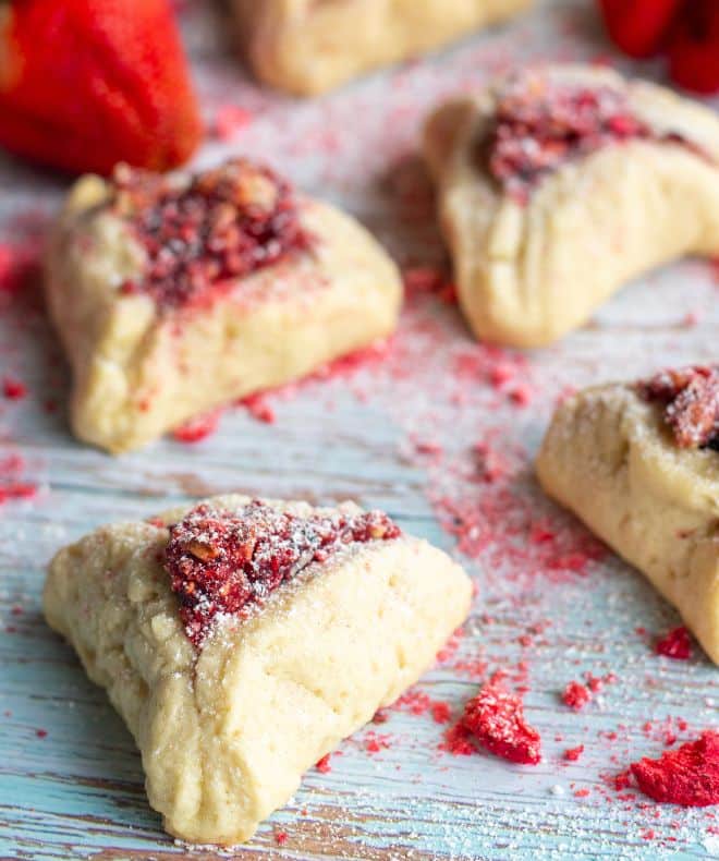 Strawberry Hamantaschen on a table