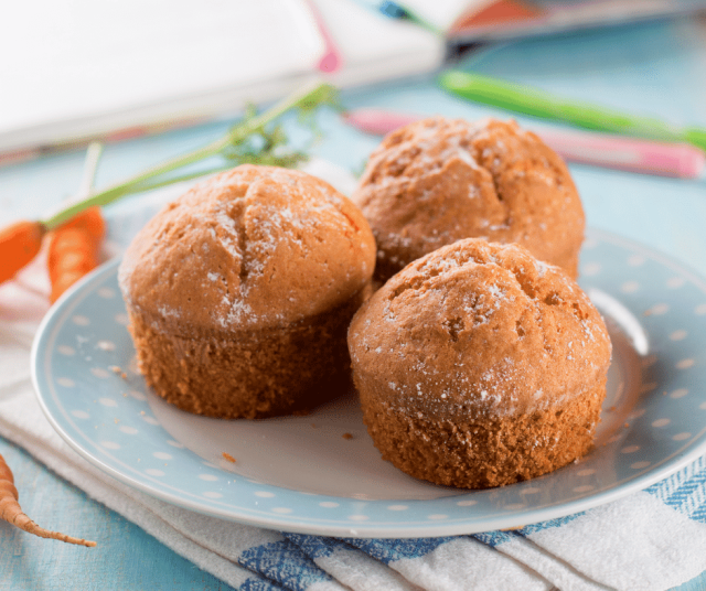 3 Healthyish Carrot-Tahini Muffins on a plate