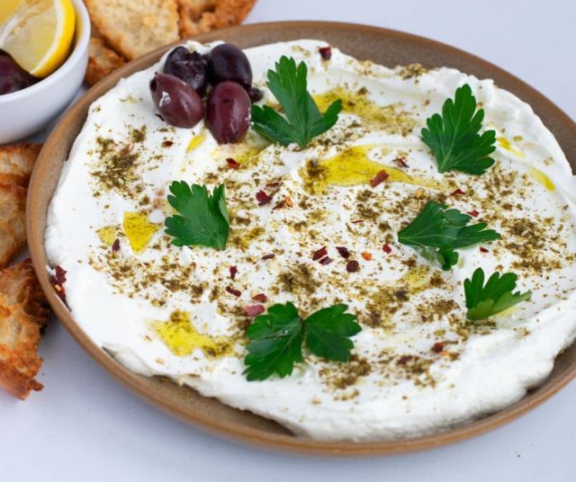 Labneh with Garlic and Za'atar on a brown plate