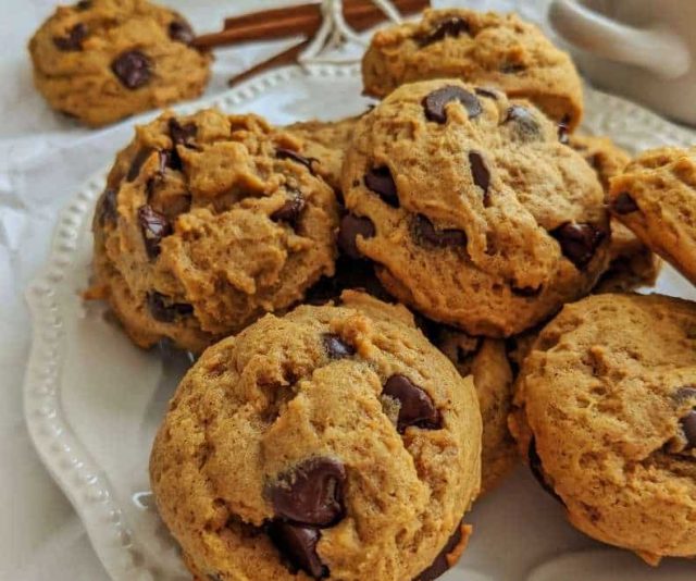 Pumpkin Chocolate Chip Cookies on a white plate