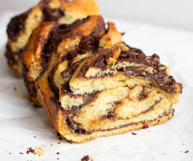 double chocolate babka on a white paper